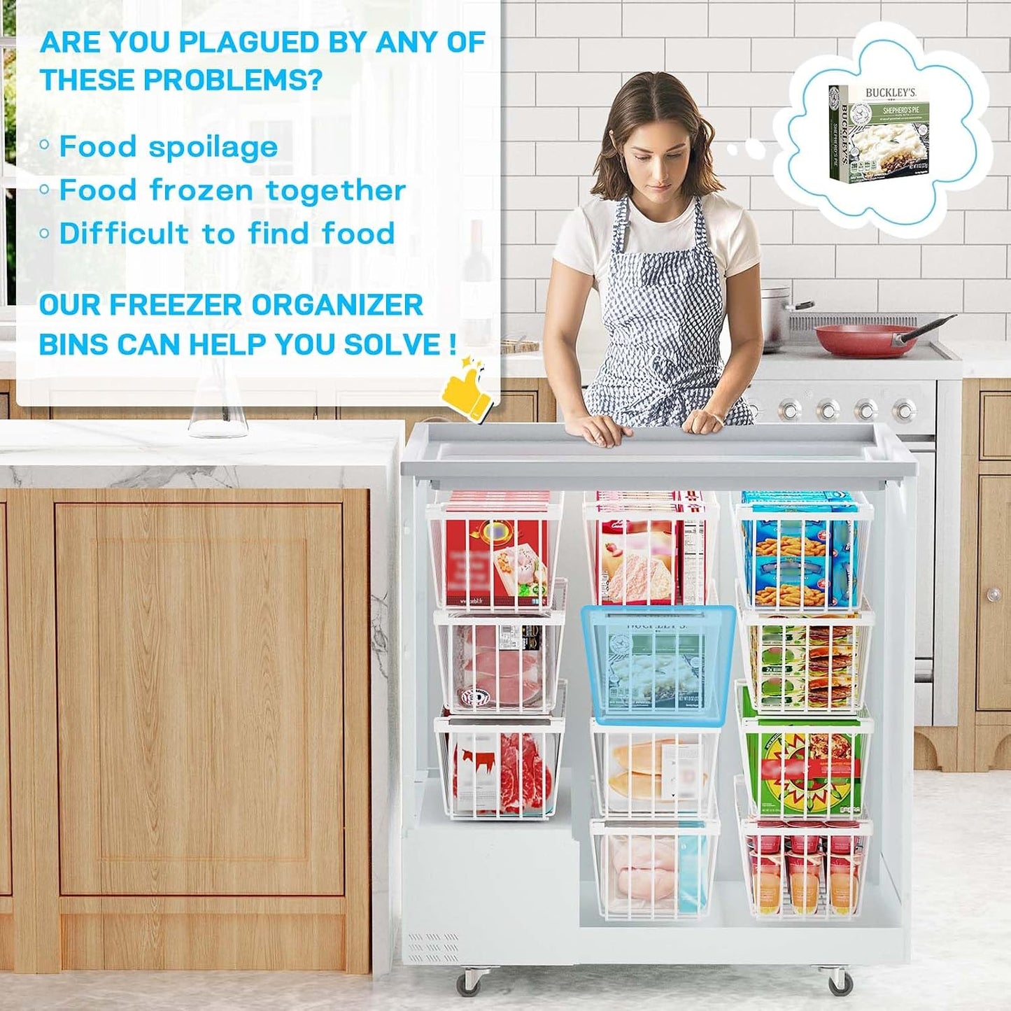 SUNALLY Freezer Organizer Bins, 8 Pack Chest Freezer Organizer Stackable for 5-7 Cu.FT Deep Freezer Sort Frozen Meats and Food, Freezer Storage Baskets with Handles Easy Reach from Bottom, White
