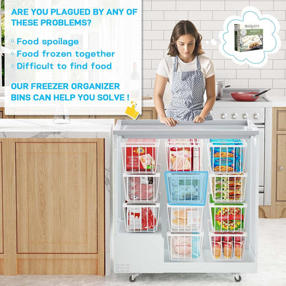 SUNALLY Freezer Organizer Bins, 8 Pack Chest Freezer Organizer Stackable for 5-7 Cu.FT Deep Freezer Sort Frozen Meats and Food, Freezer Storage Baskets with Handles Easy Reach from Bottom, White