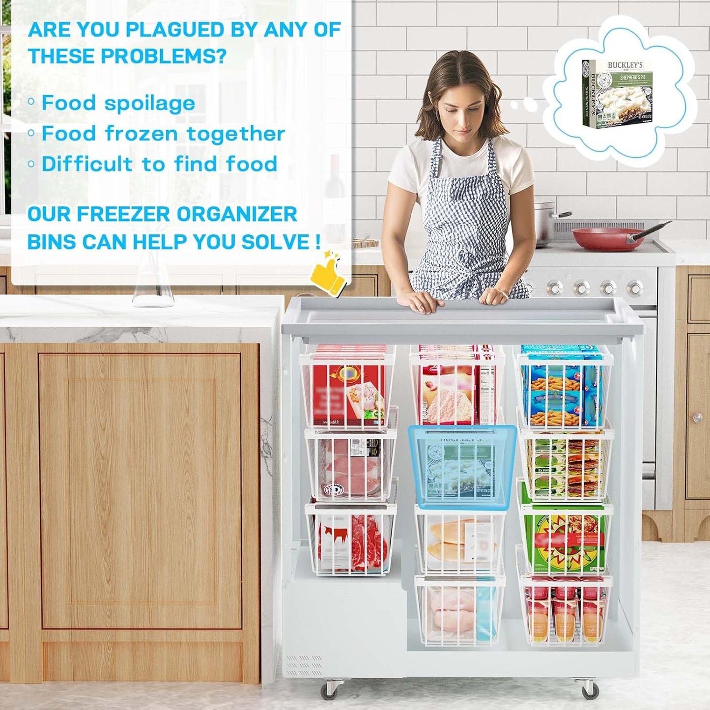SUNALLY Freezer Organizer Bins, 4 Pack Chest Freezer Organizer Stackable for 5-7 Cu.FT Deep Freezer Sort Frozen Meats and Food, Freezer Storage Baskets with Handles Easy Reach from Bottom, White