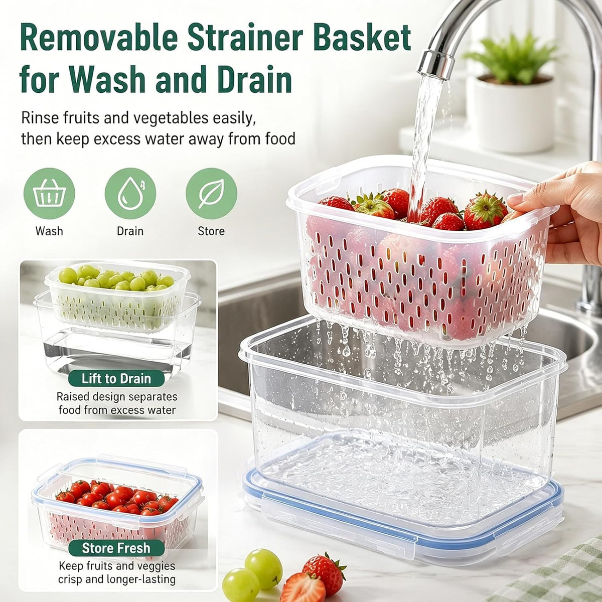 3 Pack Fruit Storage Containers for Fridge with Removable Colander and Lids