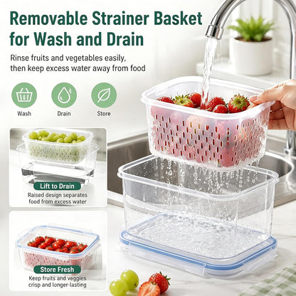 3 Pack Fruit Storage Containers for Fridge with Removable Colander and Lids