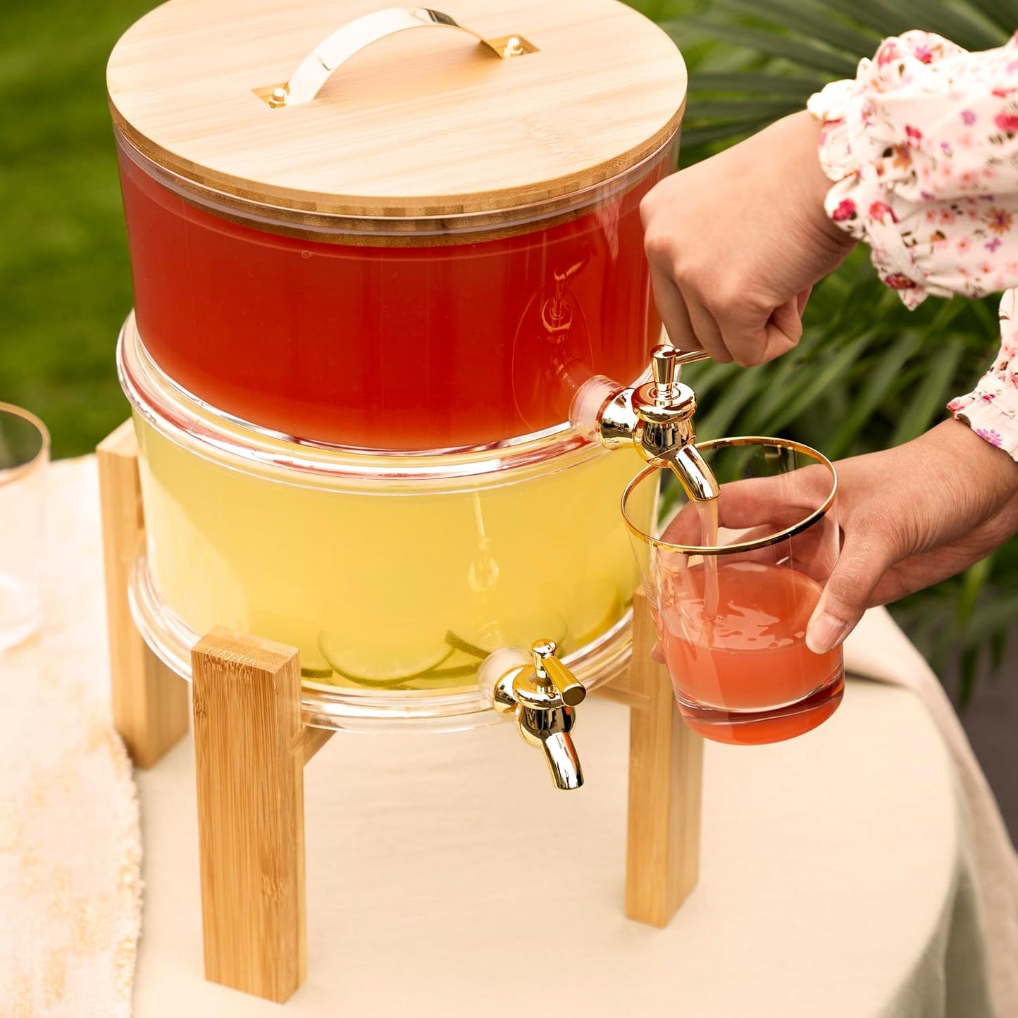 Twine Outdoor Double Drink Dispenser, Beverage Spigot Dispenser, Cocktail Dispenser for Parties with Collapsible Wood Drink Stand, Stackable Dispenser Set of 1