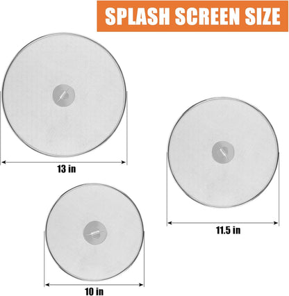 3-Pack Splatter Screens for Frying Pan - 10", 11.5", 13" Stainless Steel Grease Splatter Guard with Foldable Knob, Ultra-Fine Mesh, Rust-Free - No Oil Mess, No Burns, Ultra Fine Mesh