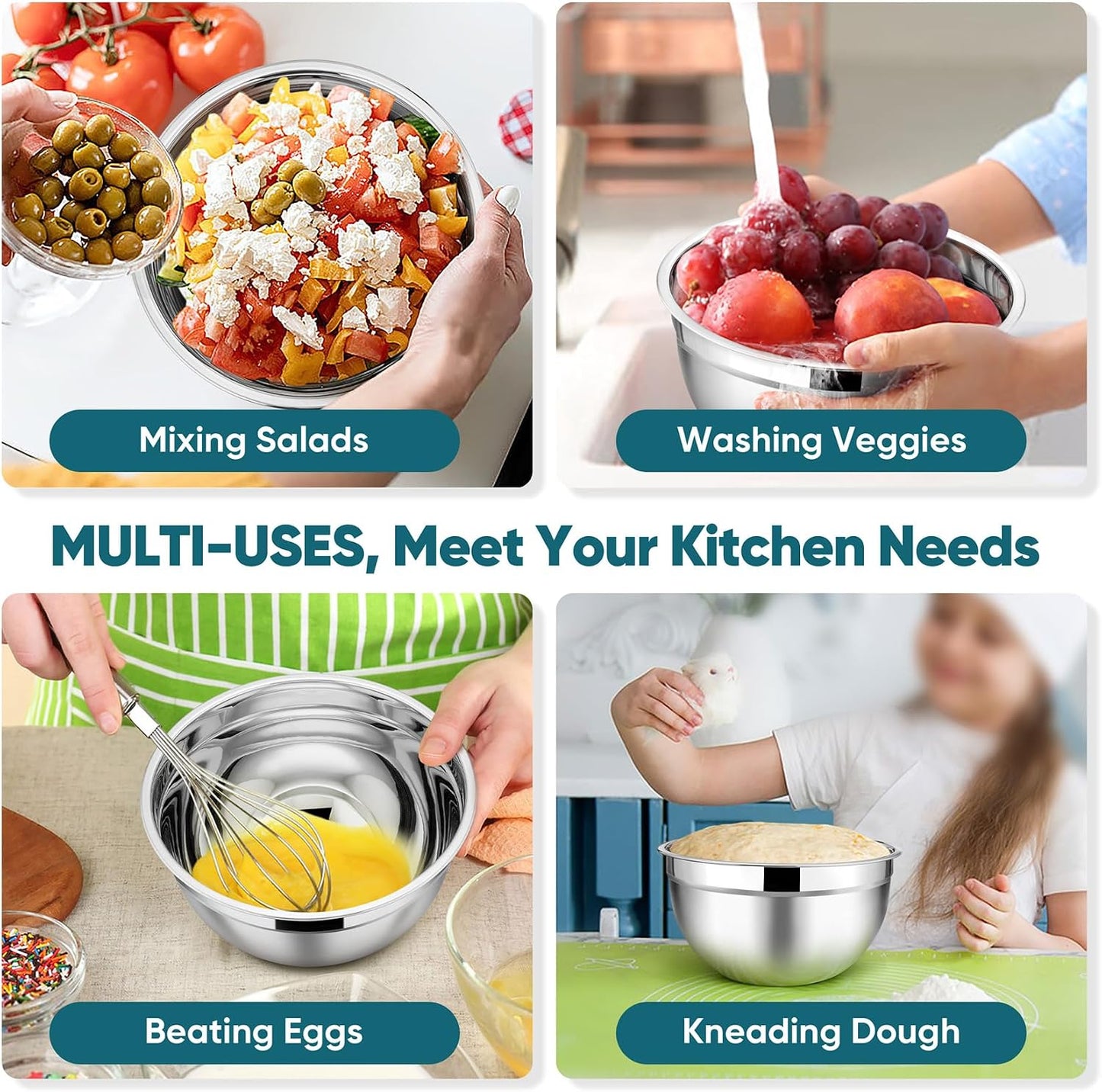 TeamFar Mixing Bowls with Lids, 5-Piece Stainless Steel Metal Nesting Salad Bowl for Mixing Prepping, Healthy & Heavy Duty, Airtight Lids & Dishwasher Safe, 4.5/3/1.5/1/0.7 QT-Khaki