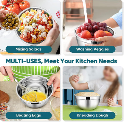 TeamFar Mixing Bowls with Lids, 5-Piece Stainless Steel Metal Nesting Salad Bowl for Mixing Prepping, Healthy & Heavy Duty, Airtight Lids & Dishwasher Safe, 4.5/3/1.5/1/0.7 QT-Khaki