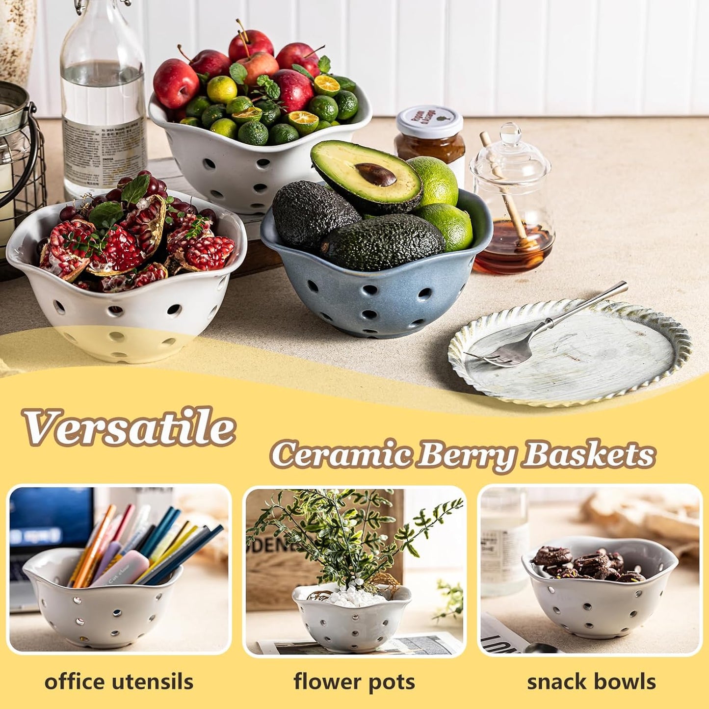 Gomakren Berry Bowls with Holes Ceramic, Berry Washing Bowl Basket Set of 2, 5.8 Inch Round Fruit Bowl Storage Containers, Strawberry Baskets, Farmhouse Kitchen Decor, Yellow + Brown