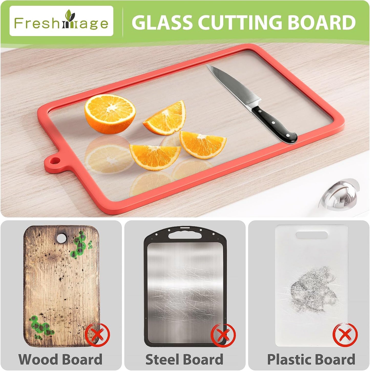 Freshmage 2Pcs Tempered Glass Cutting Boards for Kitchen, Glass Cutting Board Set (15"x10" & 12"x8") with Non-Slip Silicone Edges and Hanging Hole, Clear Cutting Board for Countertop & Chopping