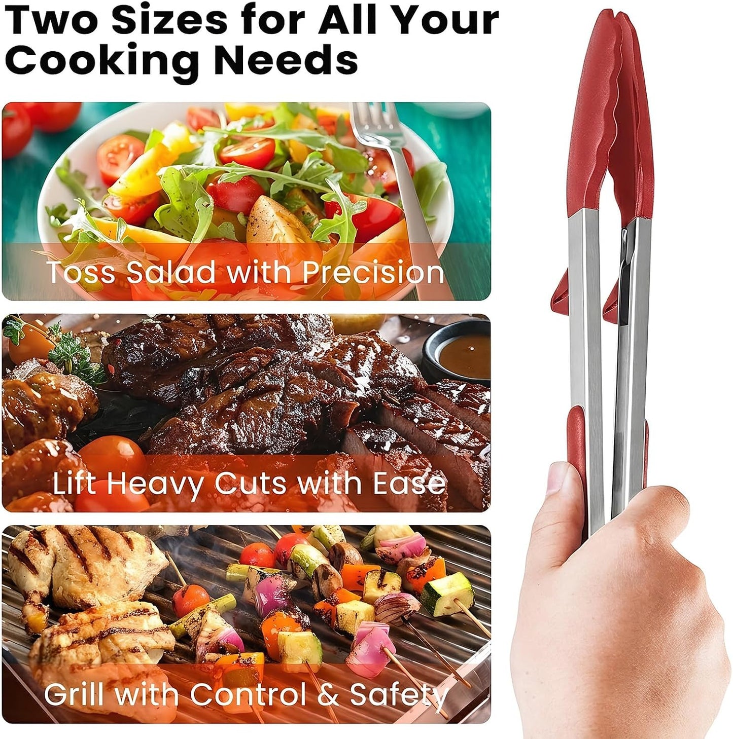Kitchen Tongs Set of 2 (9” & 12”) – Stainless Steel & Silicone Cooking Tongs with Built-in Stand & Dishwasher Safe – Heat Resistant up to 600°F – Perfect for Grilling, BBQ, Salad & Frying