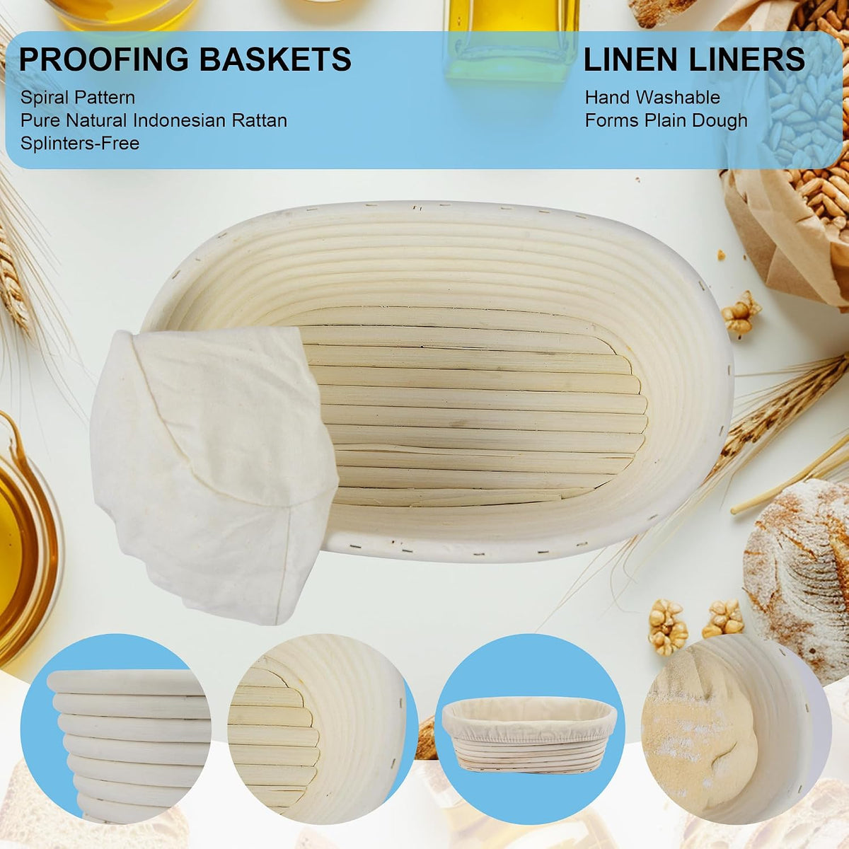 Banneton Bread Proofing Basket, 10 inch Oval Banneton Basket,Sourdough Proofing Basket,Bread Bowl Handmade Rattan Baskets and Liners for Professional & Home Sourdough Bread Baking