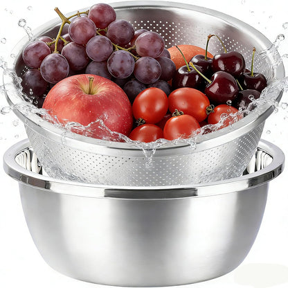 Colander and Bowl Set 6.0QT (2-in-1) - Thickened 304 Stainless Steel Kitchen Strainer Bowl for Fruit, Pasta, Vegetables, Rice - Heavy Duty, Induction Cooker & Dishwasher Safe