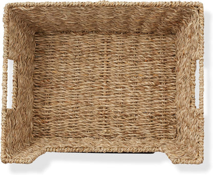 Casafield Set of 2 Water Hyacinth Pantry Baskets with Handles, Chalkboard Labels, and Marker - Espresso, Wide Woven Storage Bin Organizers for Kitchen Shelves