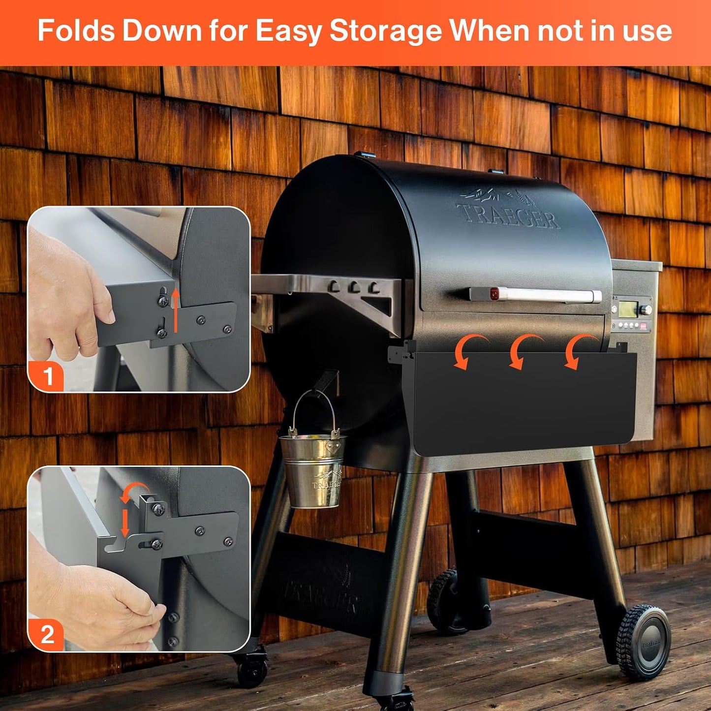 QuliMetal Folding Front Shelf for Traeger Pro 34, Texas Elite 34, Century 885 and Eastwood 34, 37" x 12" Heavy-Duty Grill Prep Table with Cutting Board, Stainless Steel Basin, Lid and 5 Hooks