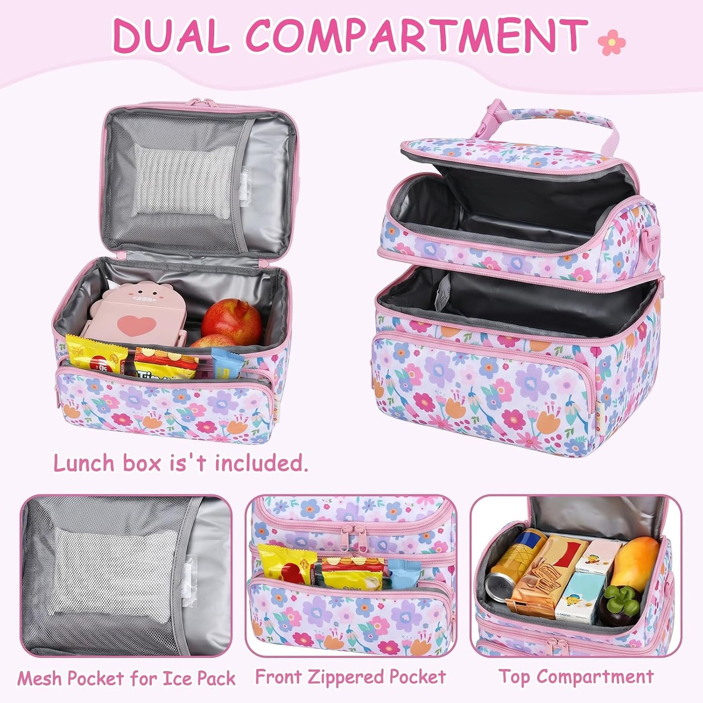 Kasqo Lunch Bag Kids, Dual Compartment Insulated Cooler Bag 7.5L Girls Boys Toddler Lunch Box Containers for Daycare School Kindergarten Travel Ombre Butterfly