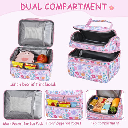 Kasqo Lunch Bag Kids, Dual Compartment Insulated Cooler Bag 7.5L Girls Boys Toddler Lunch Box Containers for Daycare School Kindergarten Travel Ombre Butterfly