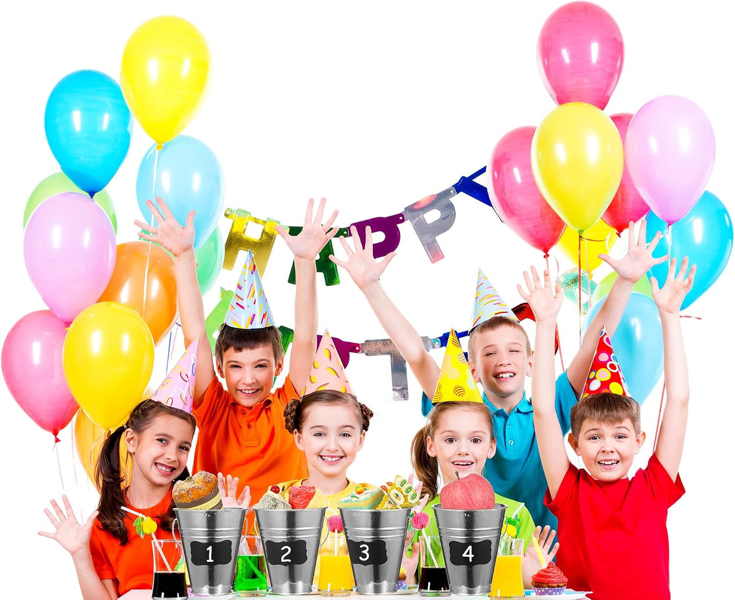Harloon 12 Pcs Galvanized Bucket with 12 Clear Plastic Ice Scoop 20.3 oz Metal Beer Bucket with Handle Metal Pail Mini Toy Container 16 Blackboard Sticker for Candy Popcorn Snacks Party Supplies