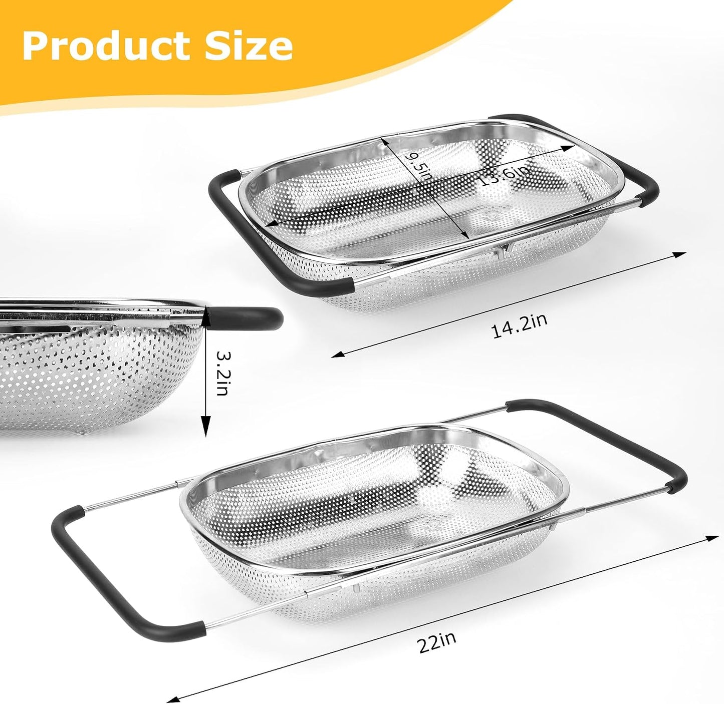 ZDRongZhen Kitchen Accessories Over the Sink Colander Strainer Basket，Stainless Steel Colander with Expandable Rubber Grip Sink Drainer-Rinse Vegetables Fruits &Strain&Drain (Large-Fine mesh)
