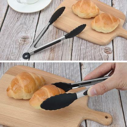 Serving Tongs Kitchen Tongs - Heat Resistant, Premium Stainless Steel Locking Cooking Tongs with Silicone Tips, Non-Slip Food Tongs for Cooking, Heavy Duty, Non-Stick (7 Inch)