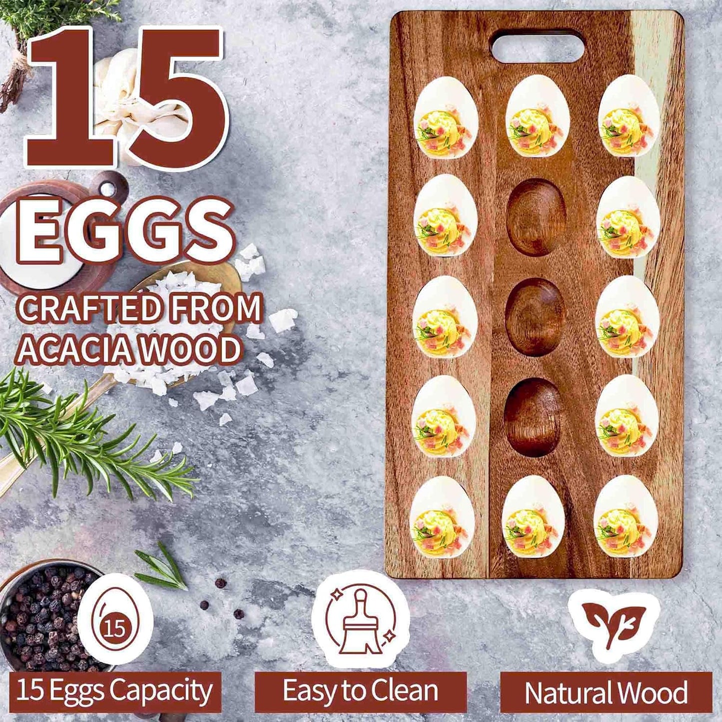 2-Pack 24 Holes Deviled Egg Platter,Acacia Wooden Round Deviled Egg Charcuterie Board Tray Holder Carrier with Handle for Kitchen Countertops