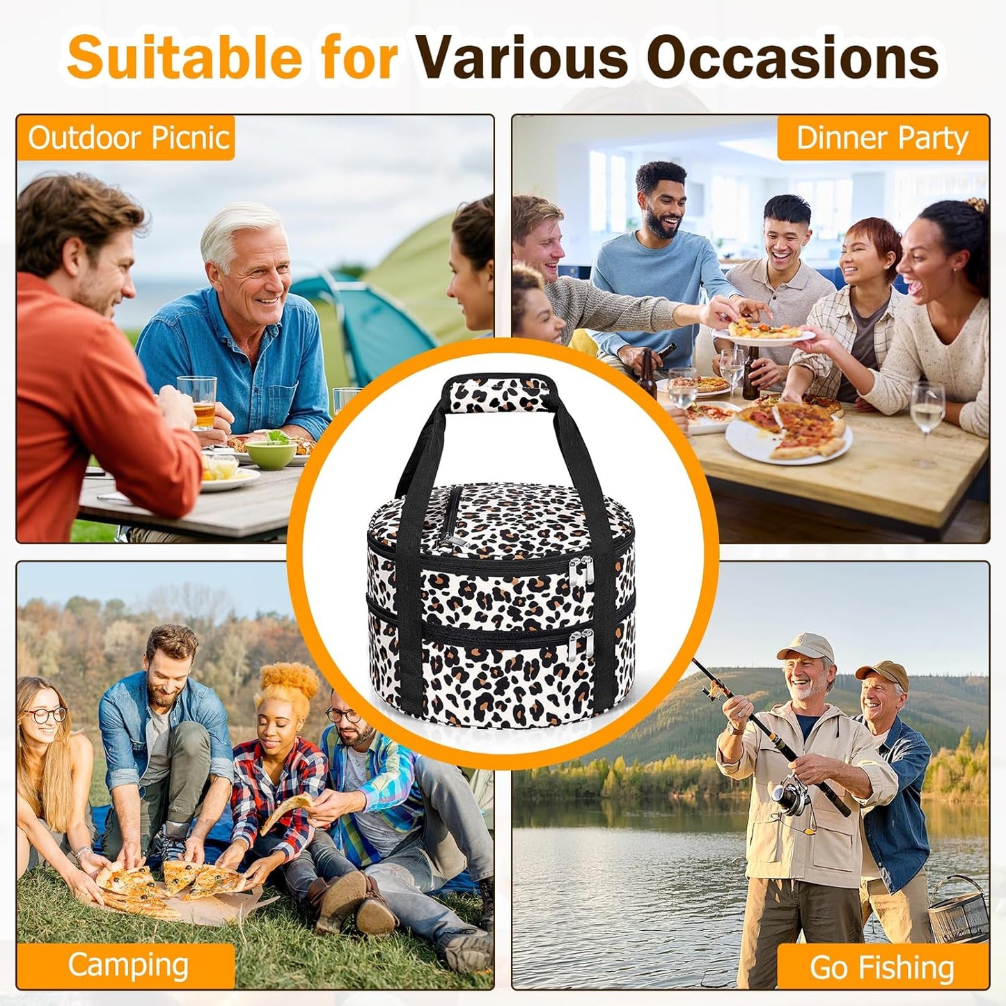 Round Insulated Casserole Carrier – 12" Portable Pie Carrier Bag for Hot or Cold Food, Leakproof Thermal Lunch Tote with Handle for Parties Picnic & Travel - Grey