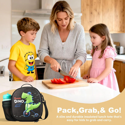 Kids Lunch Box for Kids Insulated Reusable Lunch Bag Tote Durable Children Leak-proof Lunchbox with Adjustable Shoulder Strap for School Daycare Travel Picnic (Navy - 3D Dinosaur)