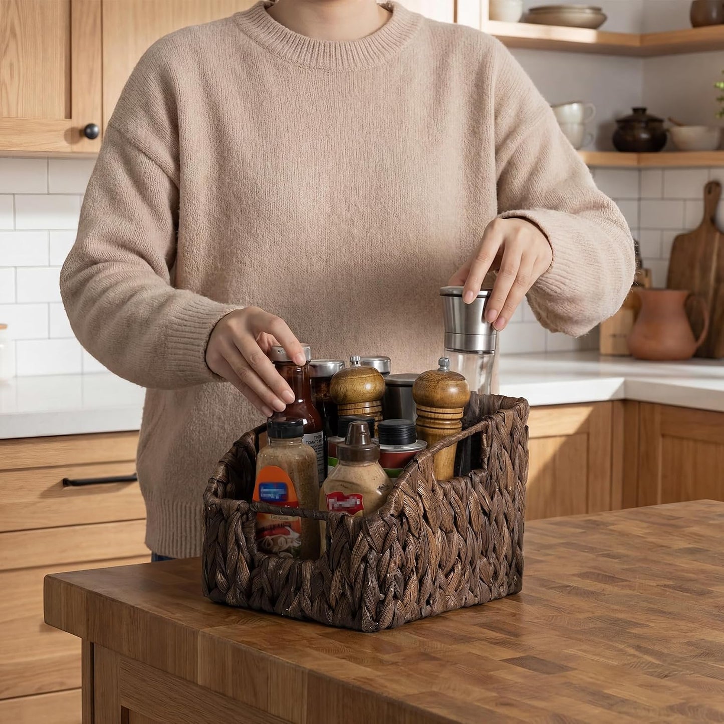 StorageWorks Water Hyacinth Pantry Storage Baskets, Wicker Baskets with Built-in Handles, Handwoven Shelf Baskets for Organizing, Pantry Organizers and Storage, 3 Pack