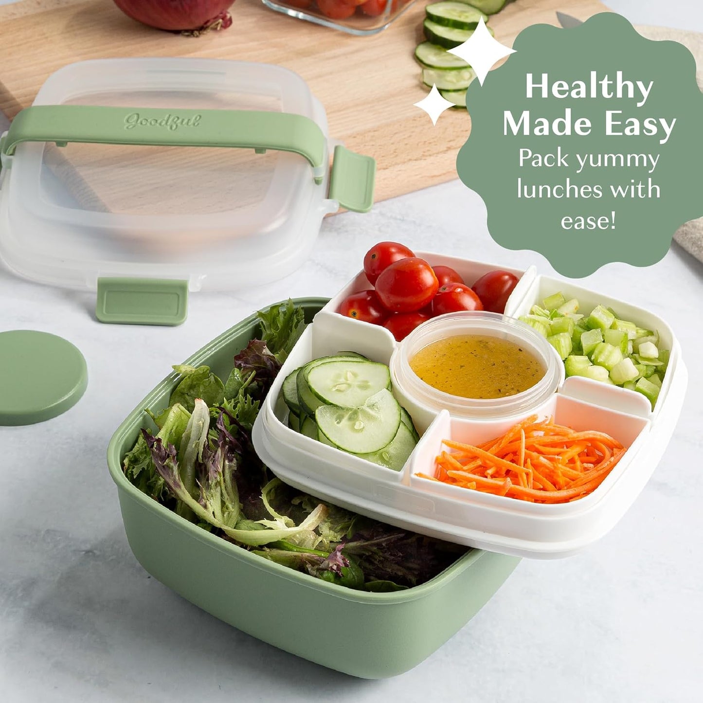 Goodful Stackable Lunch Box Container, Bento Style Food Storage with Removeable Compartments for Sandwich, Snacks, Toppings & Dressing, Leak-Proof and Made without BPA, 56-Ounce, Blue