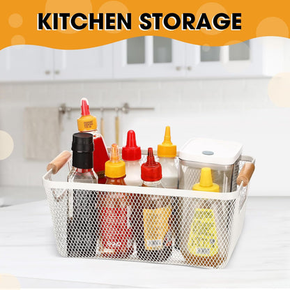 Ziliny 4 Pcs Metal Mesh Wire Baskets with Wooden Handles for Organizing, Pantry Organizers and Storage Steel Bin Kitchen Baskets for Fruit Potato Onion Snacks Bathroom Cabinet(Medium,Cream White)