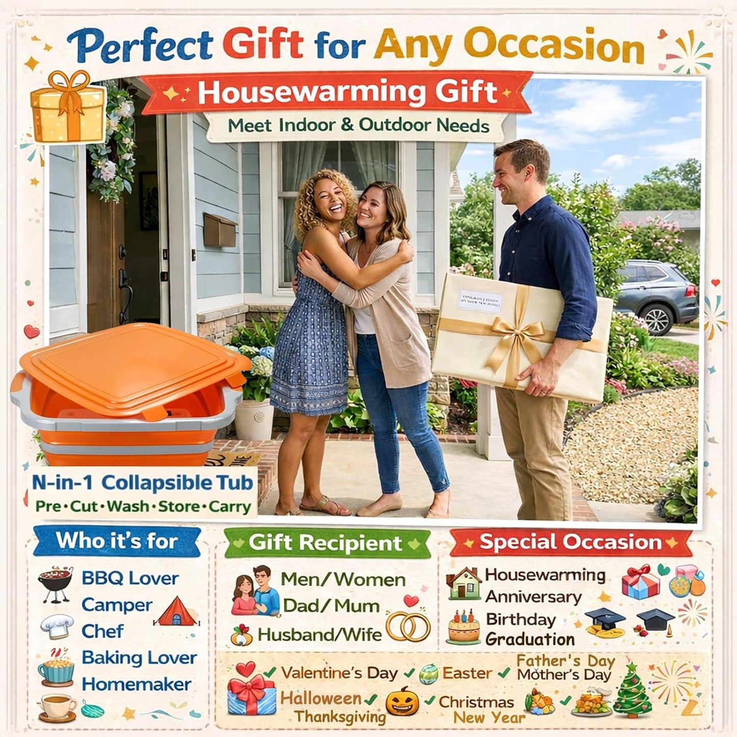 8L Collapsible BBQ Prep Tub with Locking Lid & Cutting Board - Marinade Container Grill Carry System for RV Picnic Tailgate - Portable Wash Basin for Kitchen Camping Sink - Gift for Men Women