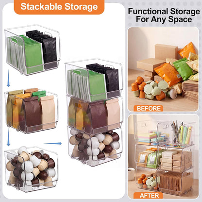4 Pcs Clear Plastic Storage Bins Stackable Pantry Storage Organizer Kitchen Cabinet Organizers Ideal Containers for Coffee Pod Tea Sugar Bag Fridge Caddy Office