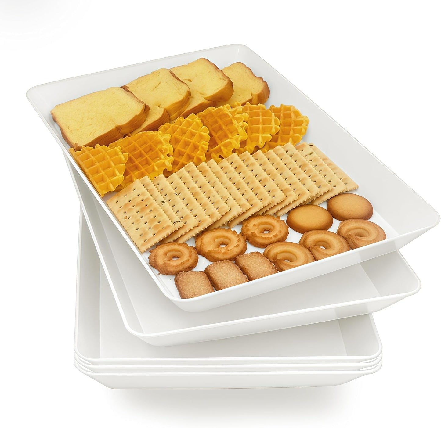 Serving Tray Platter, 4 Pack Food Tray for Veggie Fruit Snack Dessert Cookie Cheese, Food Trays for Party Supplies Display, Plastic Platters for Serving Food, Large White Trays, BPA Free