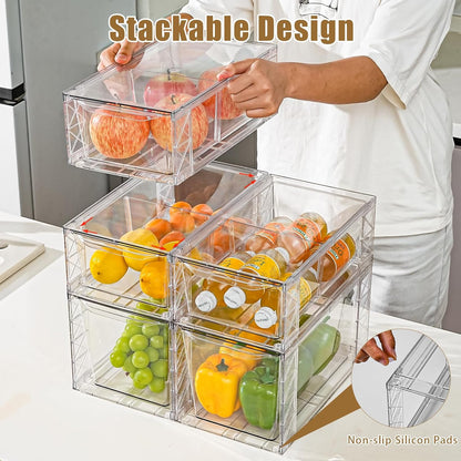 Clemate 6Pack Pantry Organizers and Storage,Clear Stackable Kitchen Storage Organizer,Foods Organizer Bins with Handles, Easily Assemble for Bathroom, Kitchen, Refrigerator, Pantry, Cabinet, Closet