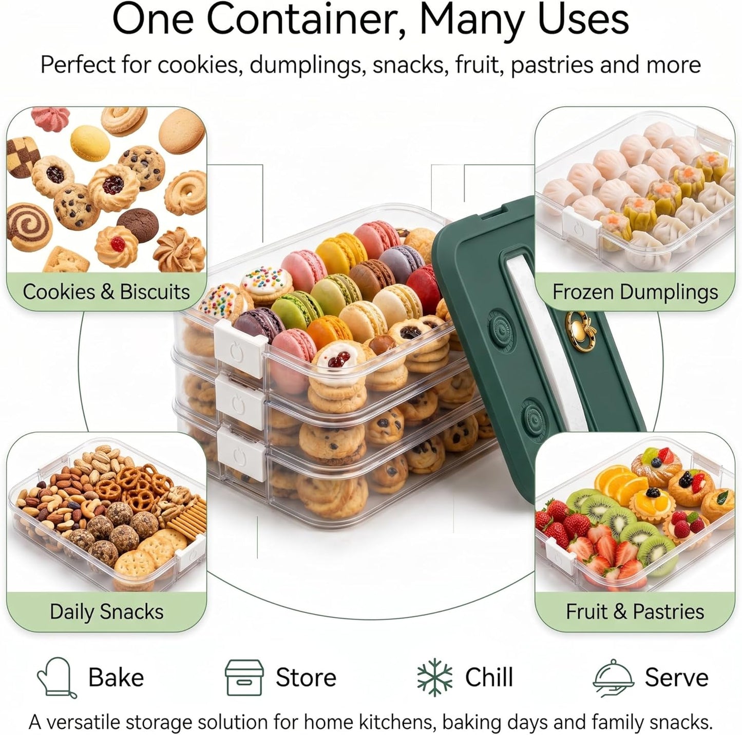LOEZ 4 Tier Stackable Food Storage Containers, Clear Baked Goods Container for Cookies, Muffins, Macarons and Pizza, Dessert Carrier with Lid (White)