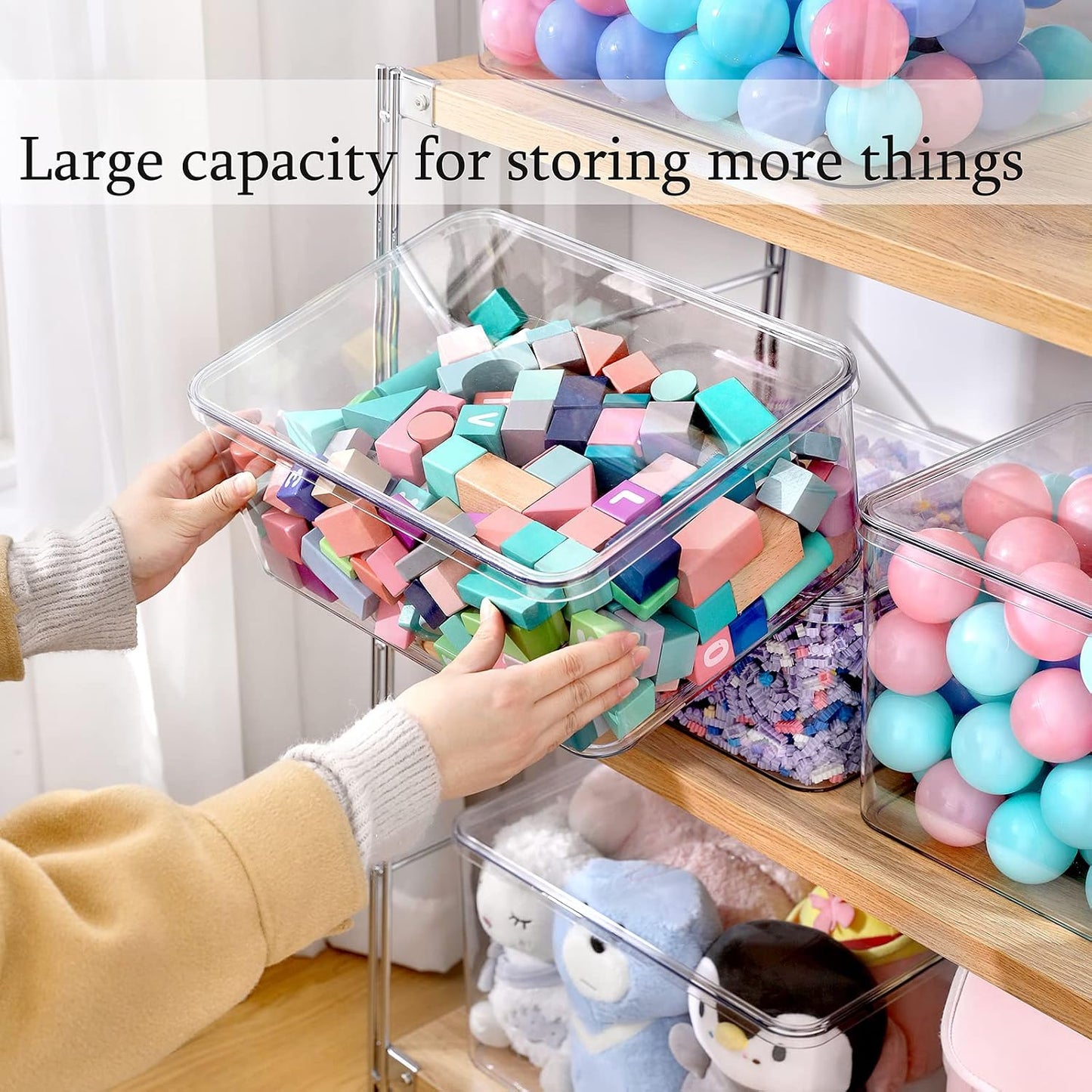 Clear Storage Bins With Lids,4 Packs Food Storage Organizer,Stackable Kitchen Cabinet,Bathroom Basket,Fridge Organization.Pantry Transparent Containers For Fruits,Drinks