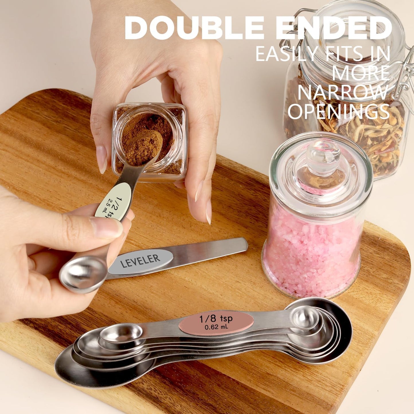 ChefAide Pack of 8 Stainless Steel Magnetic Measuring Spoons Set, Dual Sided, Stackable, Adjustable Teaspoon and Tablespoon Measure Spoon with Leveler, Kitchen Gadgets