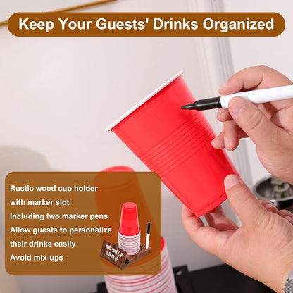 Wooden Brown Party Cup Holder with Marker Slot | Mark Your Cup and Drink Up Cup Holder |Hosting Party Essentials |Disposable Mug Dispenser for Birthday, BBQ, Holiday Events,Housewarming Gift (Brown)