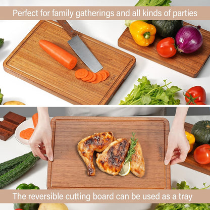 Solid Teak Wood Cutting Board Set One Piece Non Glued Large Thick Crack Resistant Wooden Chopping Board with DeepJuice Grooves Built in Handles for Kitchen Meat Bread 15x10.2IN &11.8 * 7.9IN