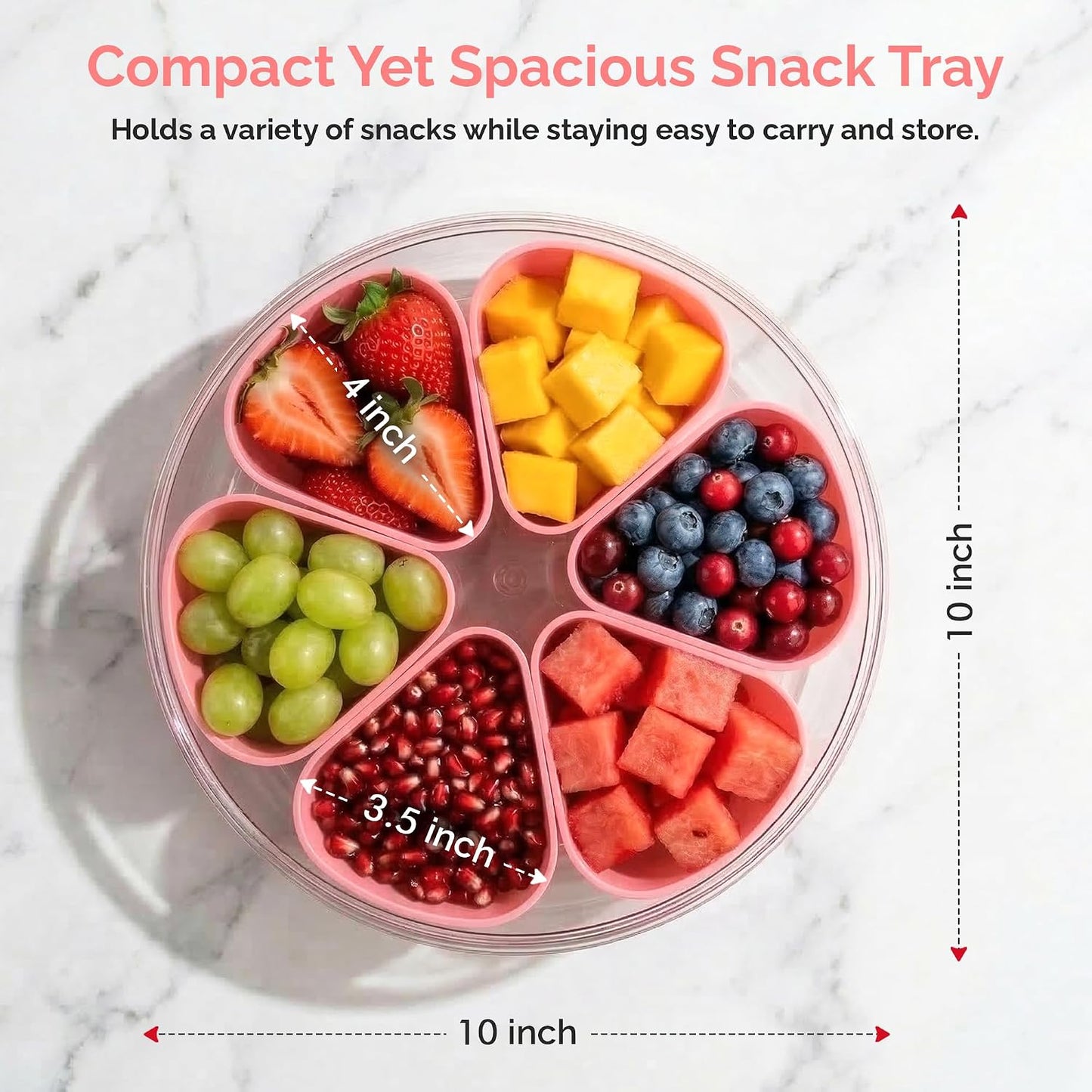 Divided Serving Tray with Lid,Stackable Snackle Box Strawberry Container for Fruits Candy Organizer, Portable Rounded Veggie Tray for Kitchen, Party, Trave and Picnic (Pink)