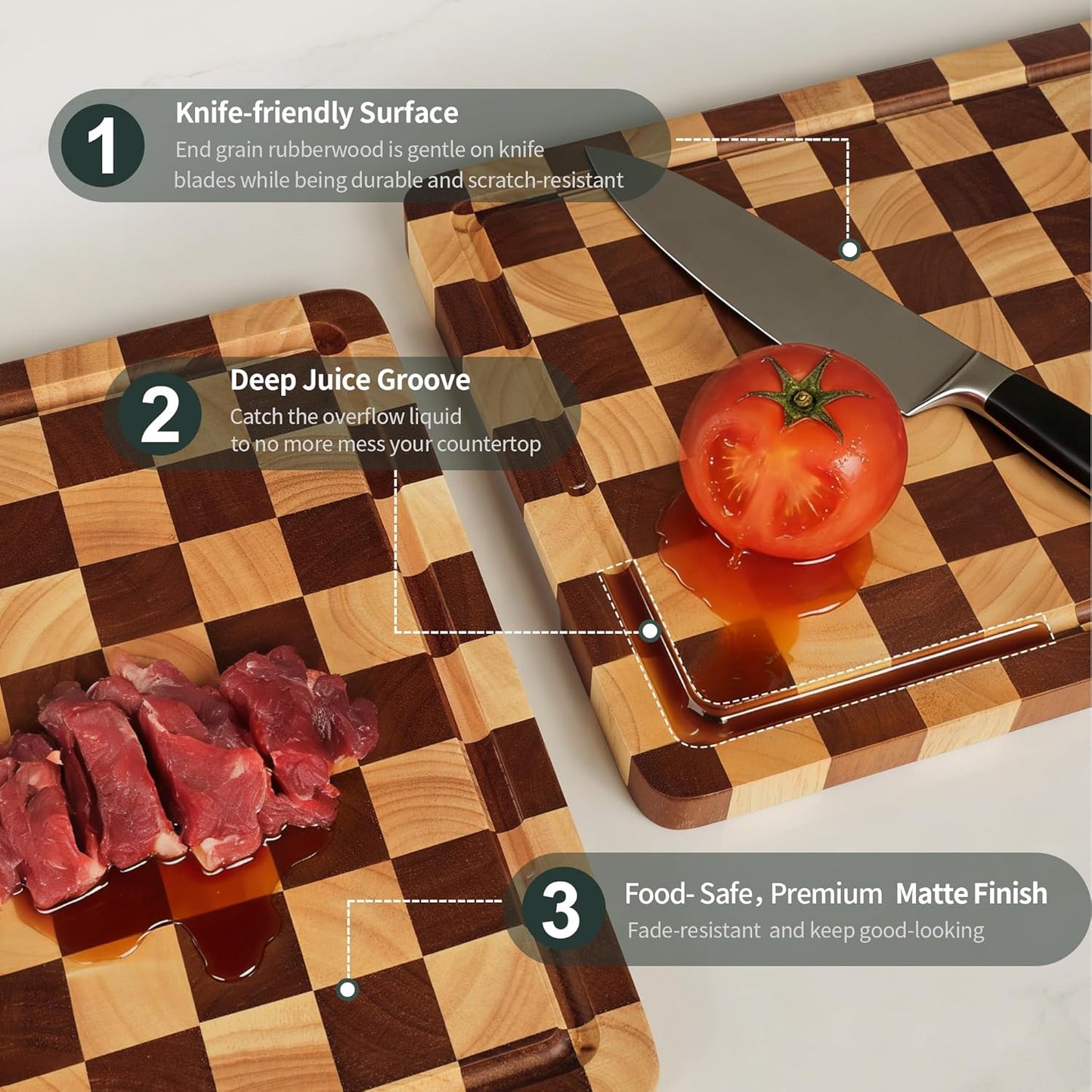 WILLKOMMEN Checkered Cutting Board Set, 3-Piece Wood Checkerboard End Grain Chopping Boards with Holder & Juice Groove Wooden Kitchen Cutting Board for Cooking and Serving (S, M, L)