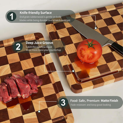 WILLKOMMEN Checkered Cutting Board Set, 3-Piece Wood Checkerboard End Grain Chopping Boards with Holder & Juice Groove Wooden Kitchen Cutting Board for Cooking and Serving (S, M, L)