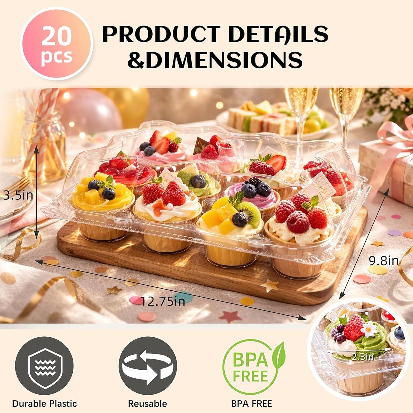 WIKDAY (12 Count x 20 Sets Plastic Cupcake Containers with Liners, Clear Cupcake Holder with Lids, Disposable Cupcake Carrier for Bakery, Cupcake Storage Box for Parties, Bake Sale Packaging