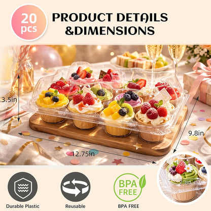 WIKDAY (12 Count x 20 Sets Plastic Cupcake Containers with Liners, Clear Cupcake Holder with Lids, Disposable Cupcake Carrier for Bakery, Cupcake Storage Box for Parties, Bake Sale Packaging