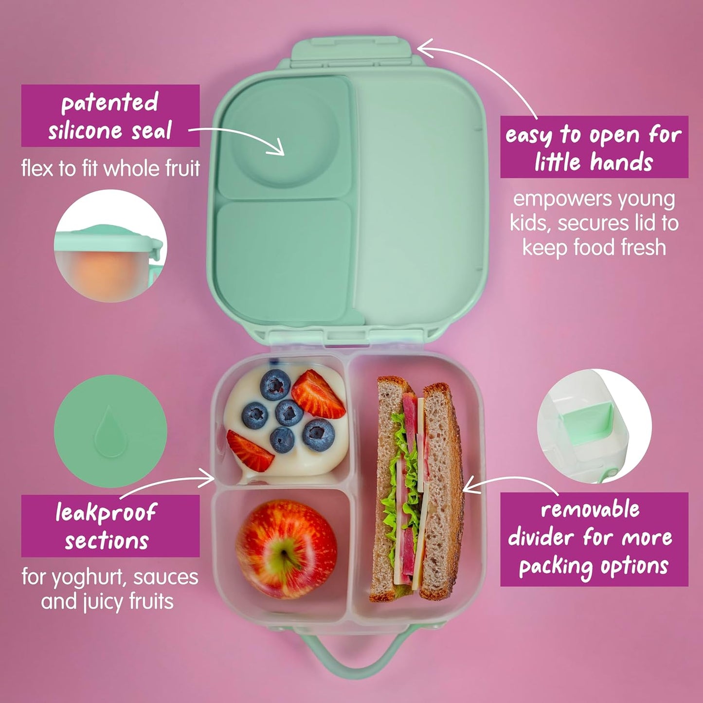 b.box Mini Lunch Box 2-Pack, Leak Proof Bento Box for Kids, 3 Compartment Snack Containers Ages 3+, Lunchbox for Daycare + School, Dishwasher Safe, BPA-Free, PFAS-Free, 4.25 Cup - Blue + Green