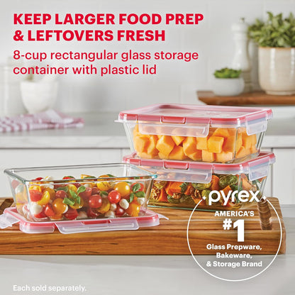 Pyrex Freshlock Glass Food Storage Container, Airtight & Leakproof Plastic Locking Lids, Freezer Dishwasher Microwave Safe, 8 Cup