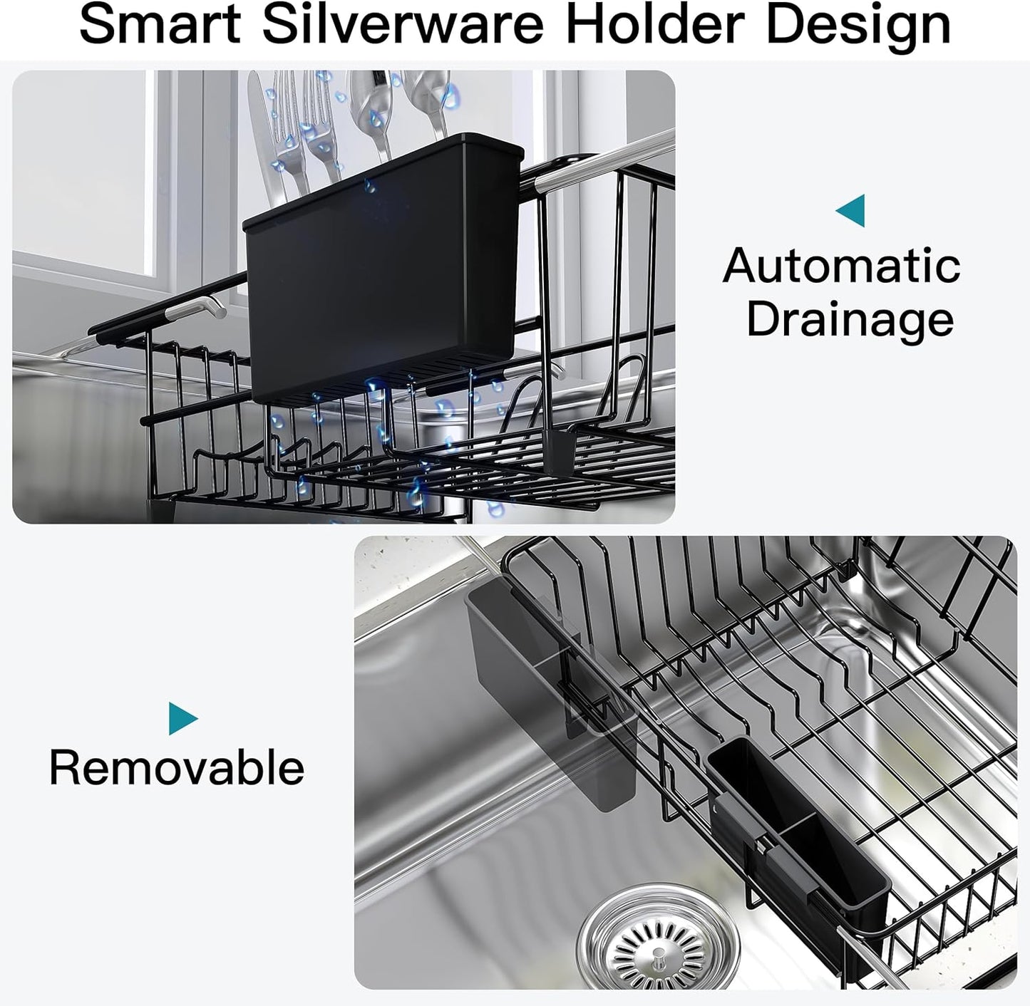 JASIWAY Dish Drying Rack in Sink, Expandable Stainless Steel Dish Drainers for Kitchen Counter, Dish Dryer Rack for Inside Sink, Over The Sink Dish Racks with Utensil Holder, Silver