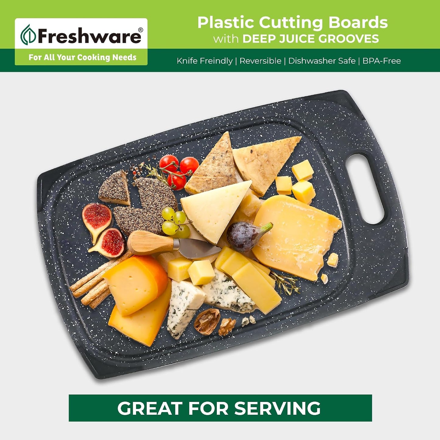 Freshware Cutting Boards for Kitchen, Chopping Board 3-Pack with Different Sizes, Juice Grooves and Non Slip Handles - Reversible, Large Cutting Board Set - Dishwasher Safe - Gray
