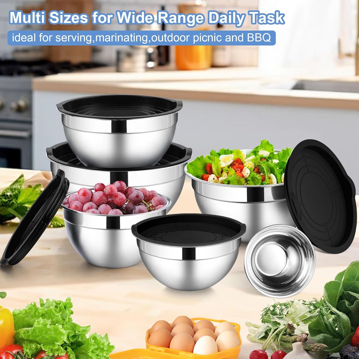 LIANYU Stainless Steel Mixing Bowls Sets of 6, Large 7, 3.5, 2.5, 2, 1.5, 1QT Size with Transparent Airtight Lids, Metal Nesting Serving Bowl Sets for Home Kitchen, Dishwasher & Freezer Safe, Black