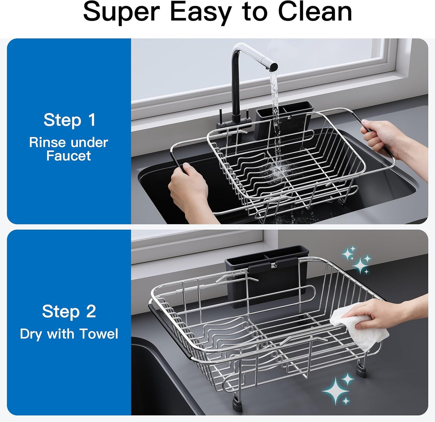 JASIWAY Dish Drying Rack in Sink, Expandable Stainless Steel Dish Drainers for Kitchen Counter, Dish Dryer Rack for Inside Sink, Over The Sink Dish Racks with Utensil Holder, Silver