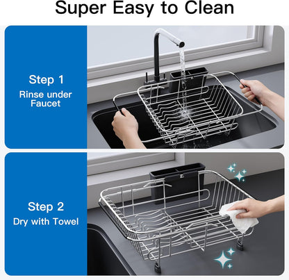JASIWAY Dish Drying Rack in Sink, Expandable Stainless Steel Dish Drainers for Kitchen Counter, Dish Dryer Rack for Inside Sink, Over The Sink Dish Racks with Utensil Holder, Silver
