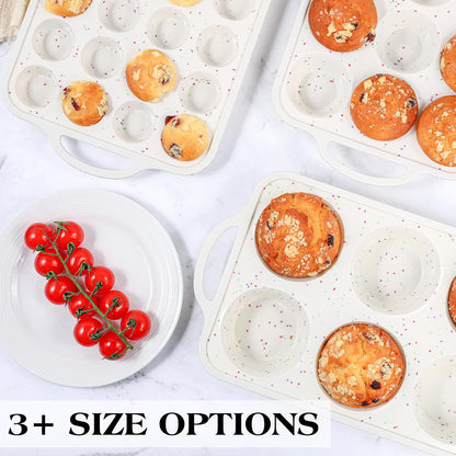 Regular 12 Cup and Mini 24 Cup Nonstick Cupcake Pan Set Silicone Muffin Pan for Baking Silicone Cupcake Mold with Metal Reinforced Frame BPA Free (2 Pcs, Cream)