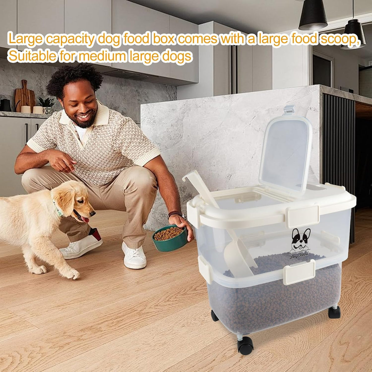Rolling Dog Food Storage Container 20lb,Airtight Pet Food Container,Plastic Dog Food Bin with Pet Food Scoop,Dry Dog Cat Food Storage,Height Adjustable